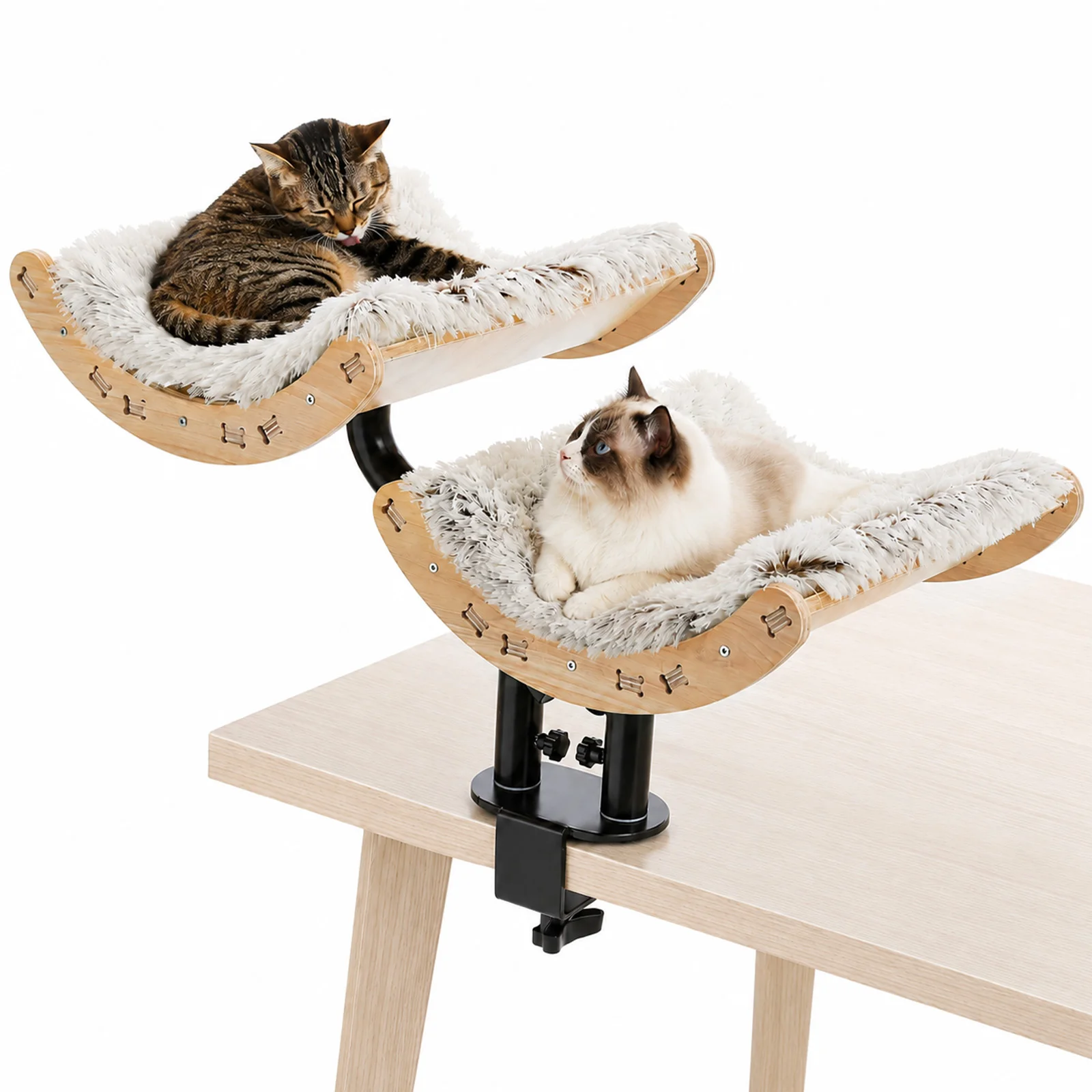 Schreibtisch-Katzenbett für 2 Katzen, 360 °   Drehbare Katzenhängematte mit abnehmbarem, waschbarem Kissen, Katzenbett aus Holz für den Schreibtisch mit robuster Klemme, gemütliches Nest für den