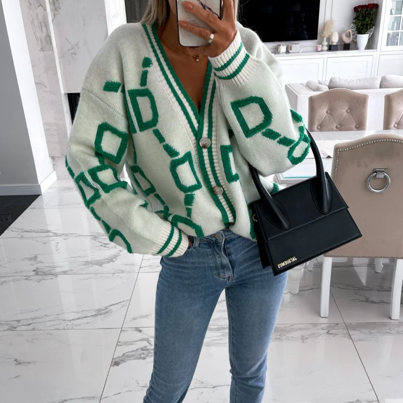 

Cardigan Women Sweaters Knitted V Neck Full Sleeve Jumpers Y2k Streetwear Elegant Splice Knit Casual Open Stith Autumn Winter