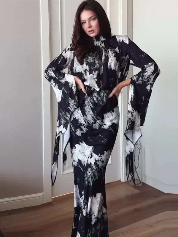 Ele Abito lungo a vita alta con stampa in raso Sve asimmetrico Dr for Important Ocns Abito lungo fino al pavimento con cintura snellente