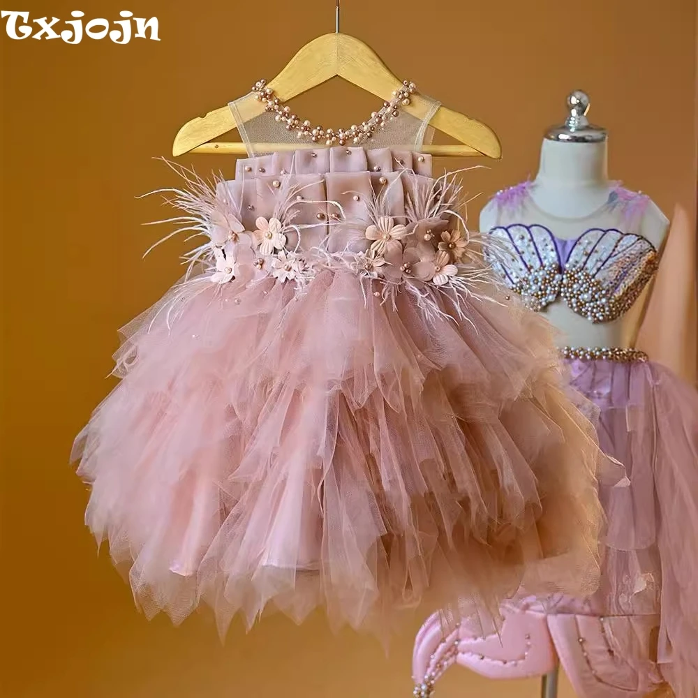 Exquisite Pink Feathers Mini Kids Dresses For Birthday Party Puffy Tulle Child Princess Gown Shiny Pearls 3D Flower Girls Dress