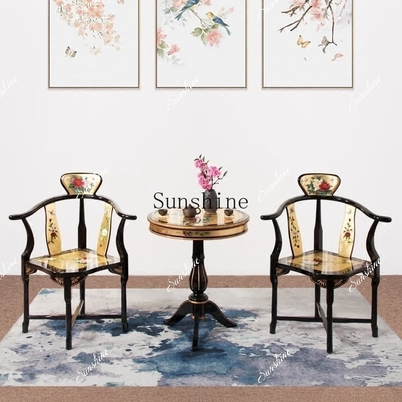 New Chinese solid wood tea table Kung Fu sticker gold foil painted tea room furniture triangular chair combinationYY