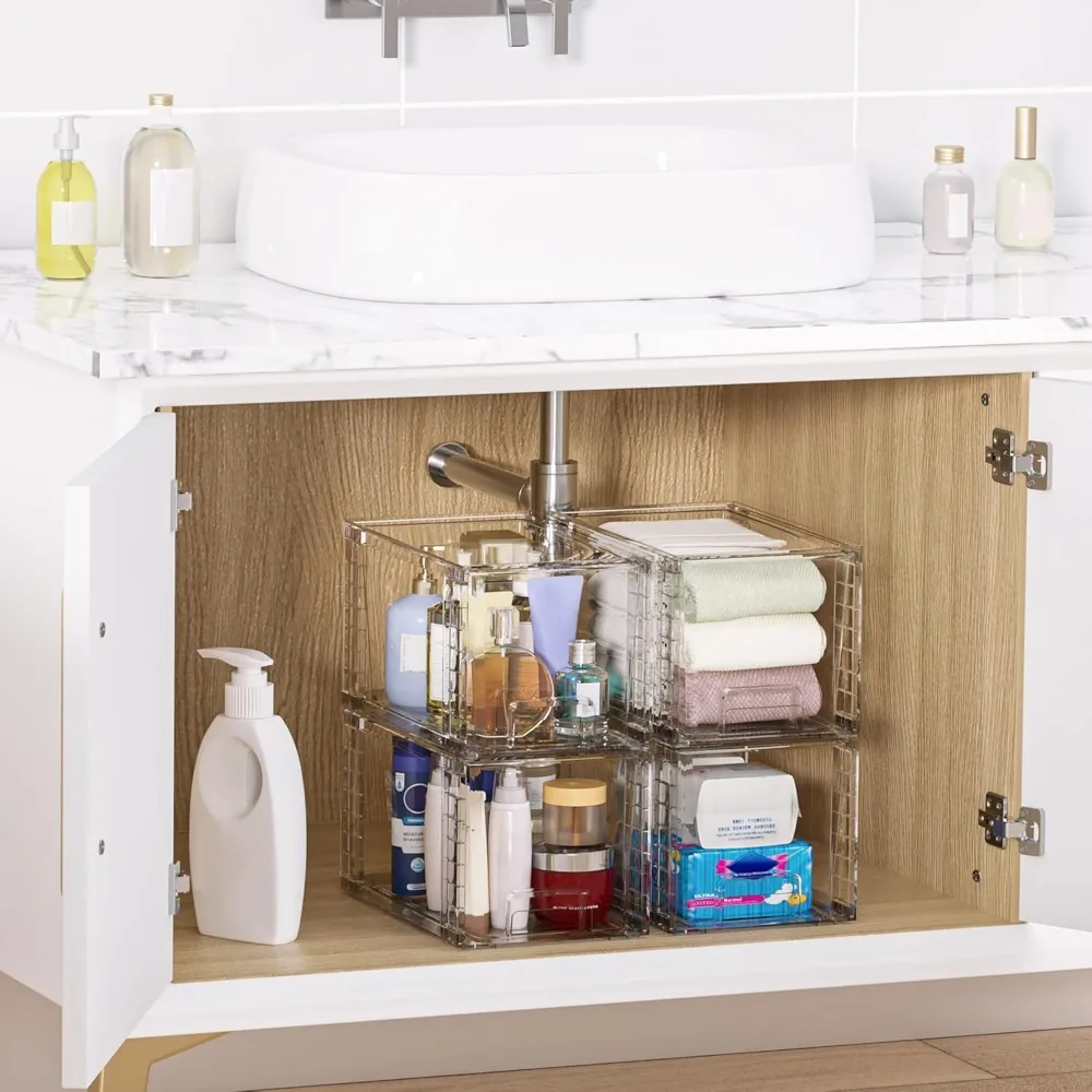 Cajones de almacenamiento de plástico apilables grandes de 4 piezas para organización de baño y debajo del lavabo