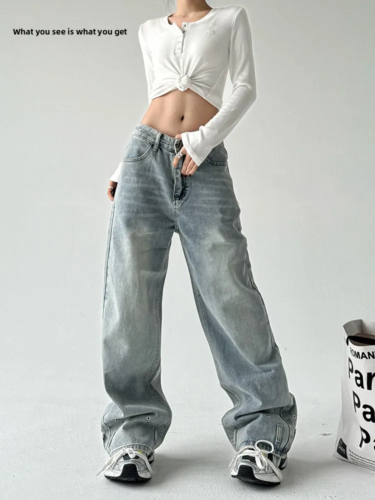 

American Casual High Waist Straight Leg Jeans Women's Patchwork Design Slimming Long Trousers Cotton Stretch Denim