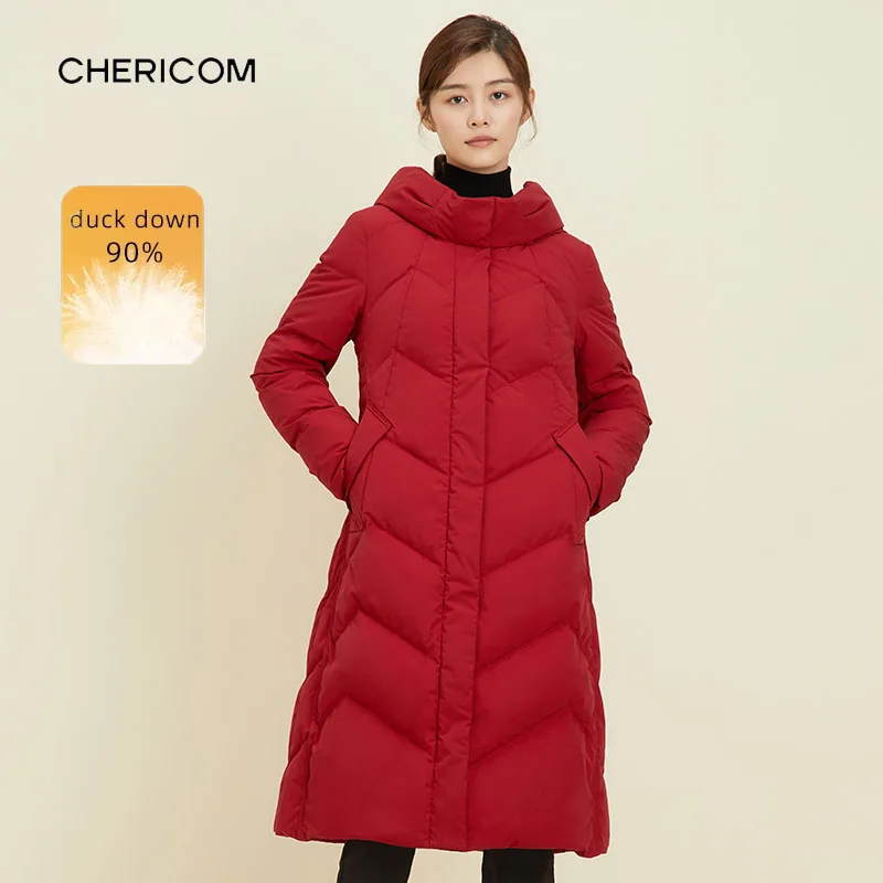 

Chericom женский длинный пуховик с капюшоном 2025 зимняя теплая толстая куртка-пуховик модное повседневное стеганое пуховое пальто женское Y269087Y