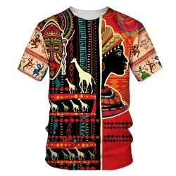 T-shirt męski Trend retro Afrykański taniec Wzór Krótki rękaw Codzienny wypoczynek Moda Styl sportowy Wygodne luźne topy z okrągłym dekoltem