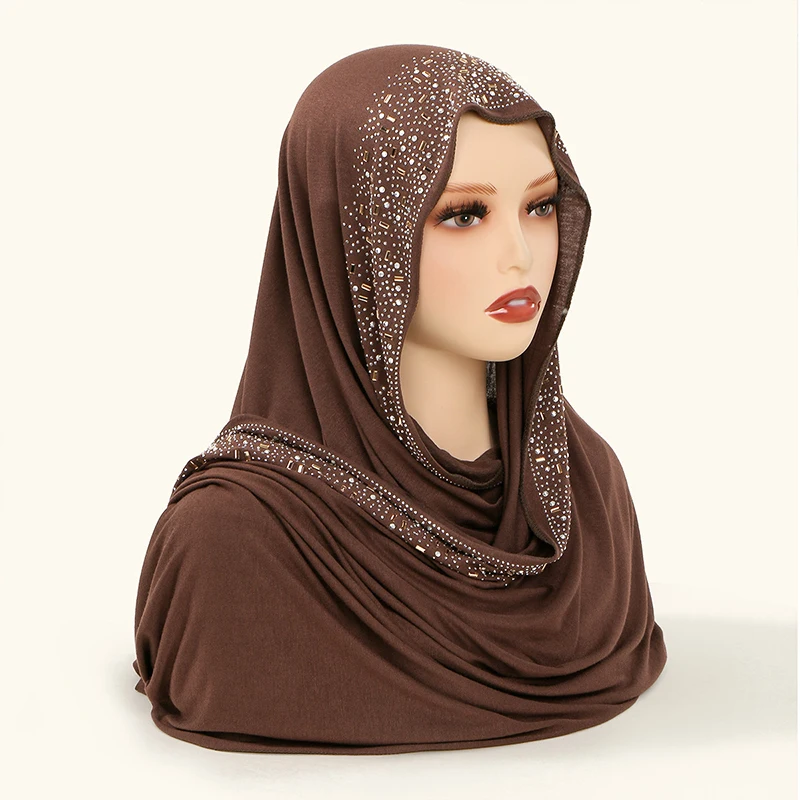 Ramadan Muslim Shimmer Rhinestone Jersey Cotton Hijab Scarf for Women Solid Headscarf Shawl Wrap Islamic Headband Turban Bandana view 4