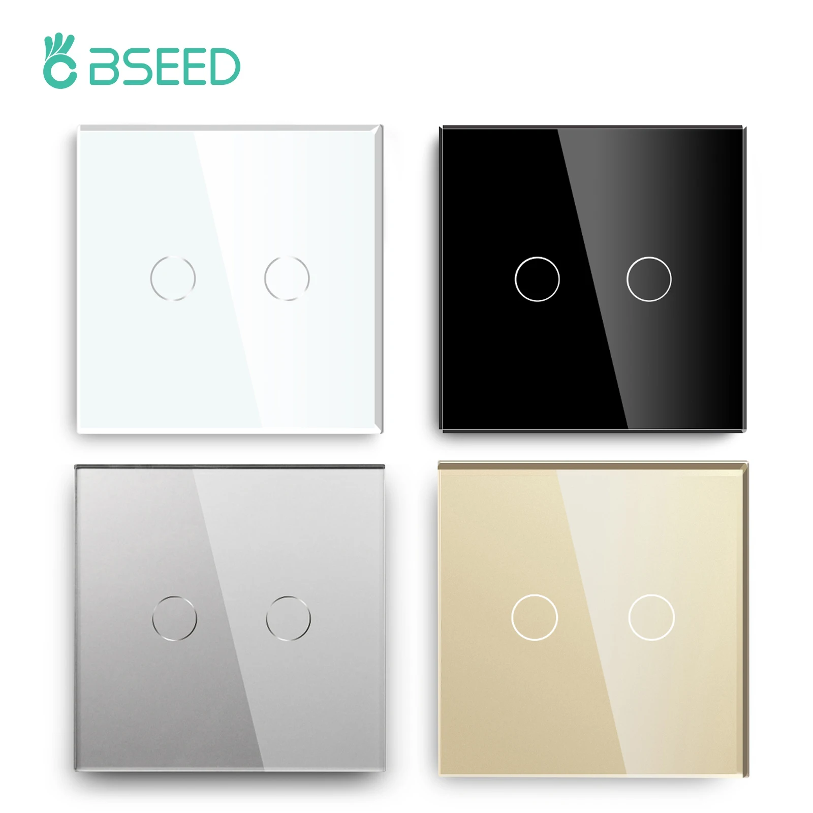 Bseed 2 Gang 1 Way Touch Switch EU Standard Home Light Switch Black White Golden Grey With Crystal Glass Panel