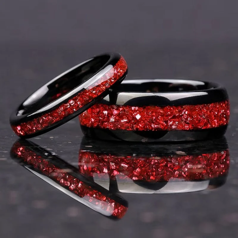 

Garnet Ring Tungsten Ring Artificial Red Synthetic Gemstone Inlay Men's Wedding Band Gift Him 8mm Lab Created Garnet
