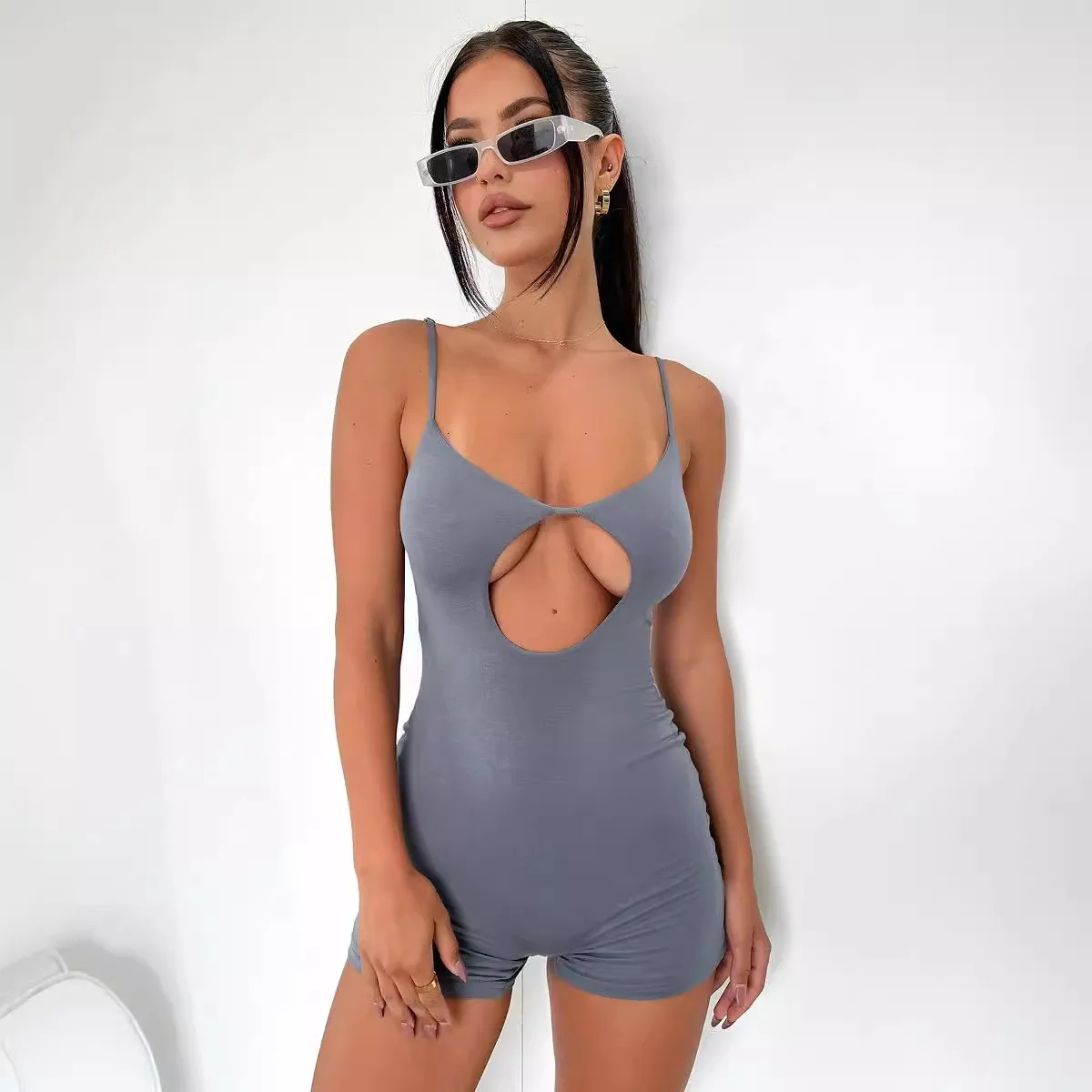 

2024 Summer New Trendy Street Casual Solid Color Strap U Collar Bareback jumpsuit with hollowed out hip hugging jumpsuit