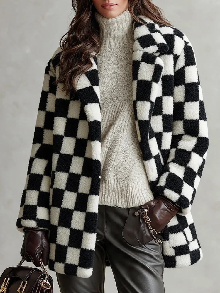 Vintage Black White Grid Printed Fur Coat Autumn Winter New Long Sleeve V-neck Warm Jacket Lady Casual Outdoor Commute Outerwear