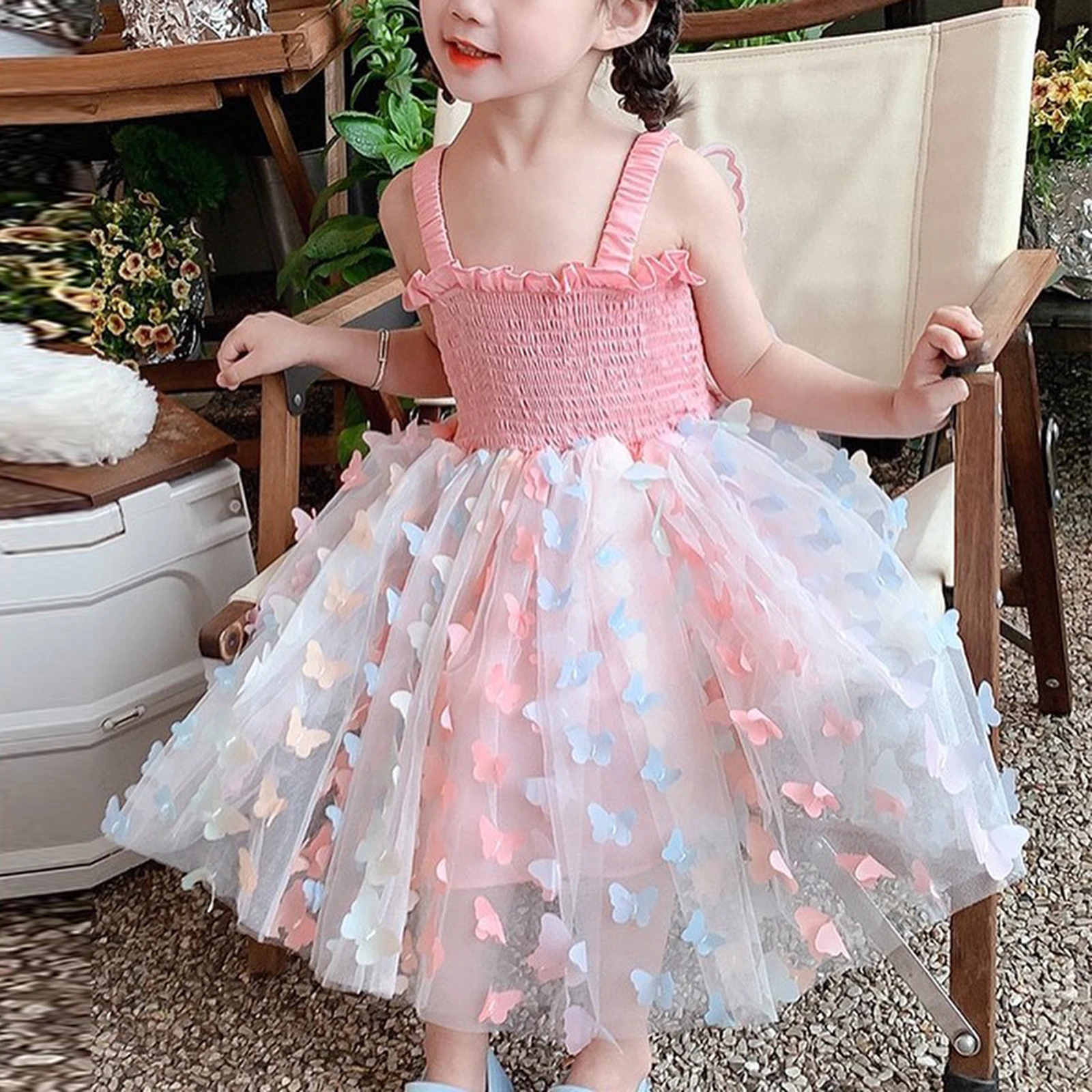 Toddler Baby Girls Dress 3D Butterfly Ruched Sleeveless Layered Cami Dress Summer Casual Clothes Princess Dress