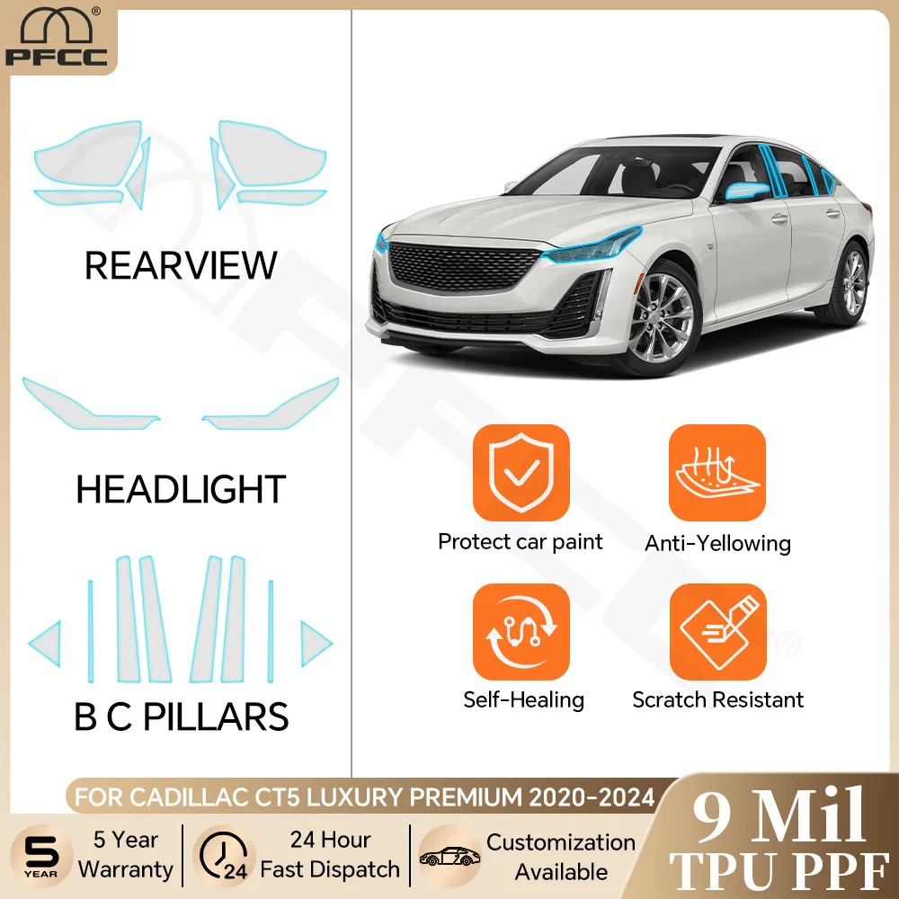 

For Cadillac CT5 Luxury Premium 2020-2024 Headlight Rearview B Pillars TPU Protection Film Anti-scratch Clear Bra Pre-cut PPF