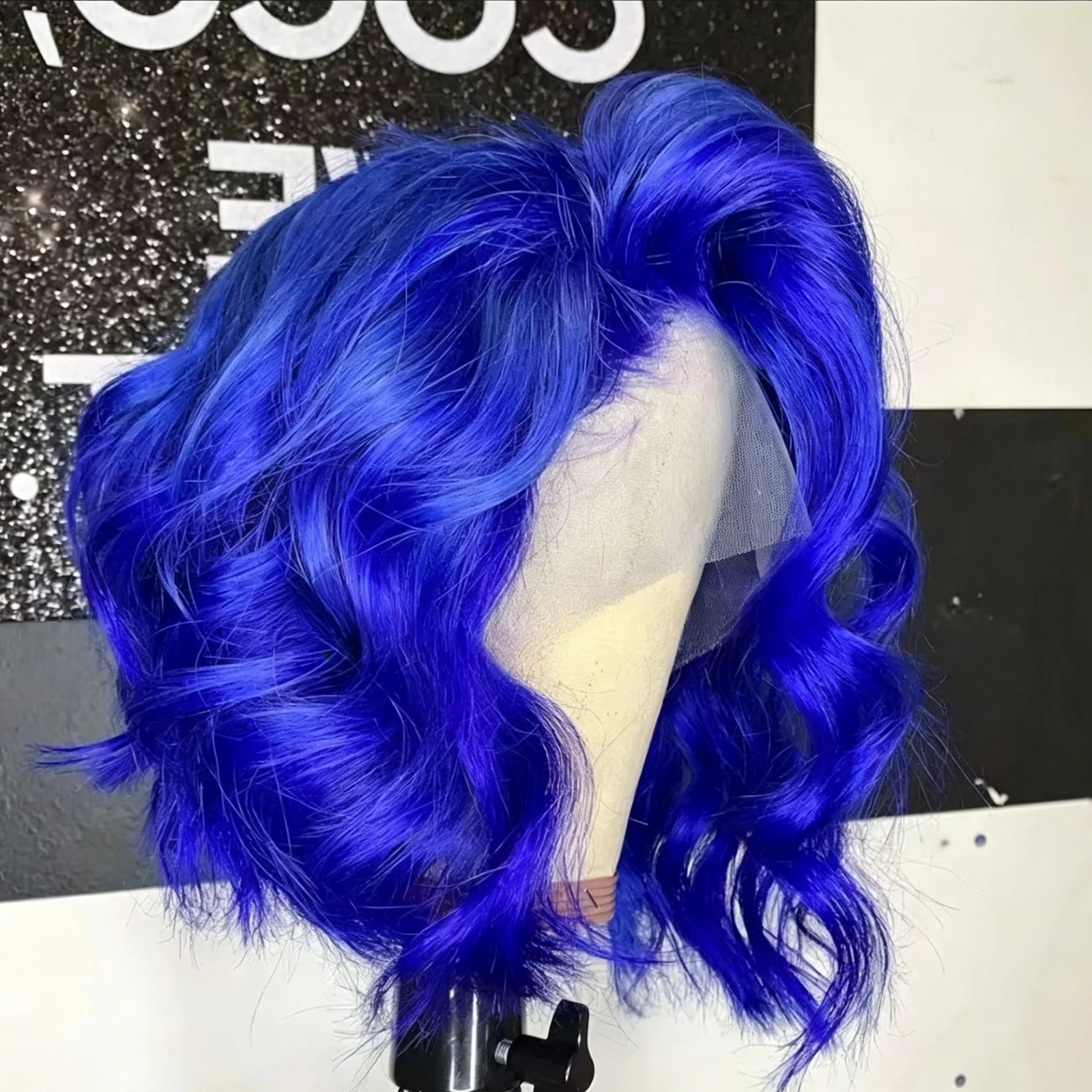 WIF Royal Blue Short Hair Wavy Bob Lace Front Wig Body Wave Short Bob Heat Fiber Blue Hair Synthetic Wigs 12Inch Women Daily Use