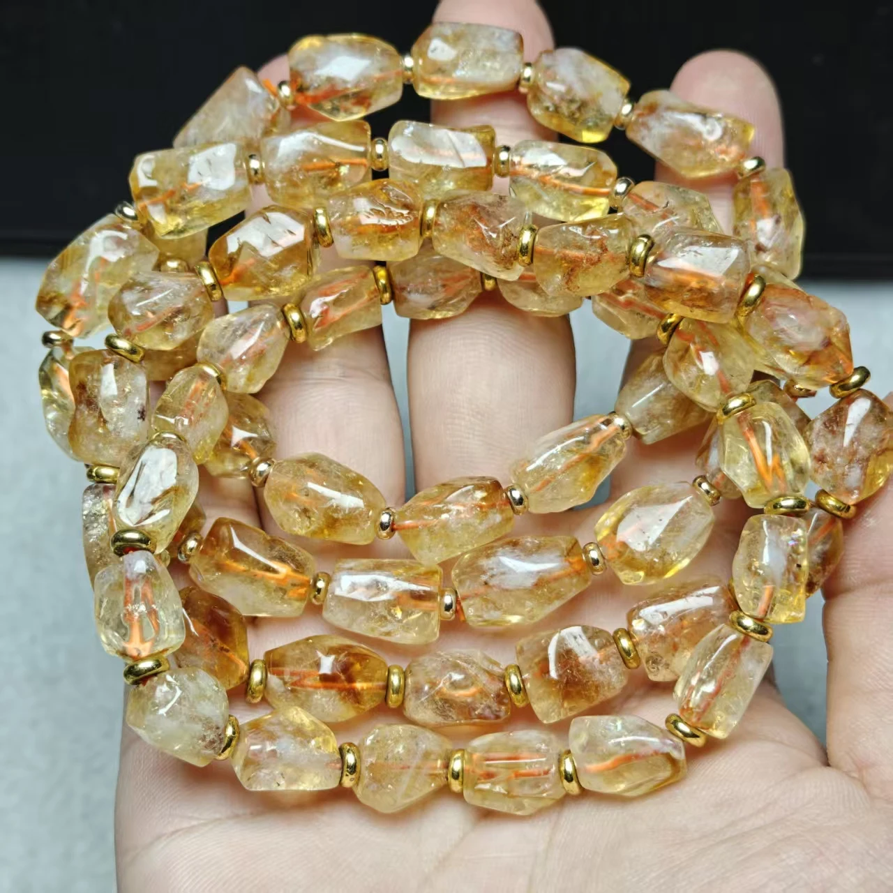 XingYu Natürliche AAA Brasilianische Pyramiden-Citrin-Quarz-Perlen, unregelmäßig facettiert, glatt, rund, für Schmuck, Armbänder, Geschenk – Detail 3