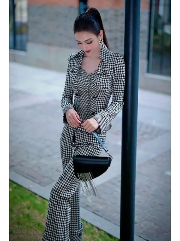 Women\'s Jacket and Pants Two Piece Set Spring Autumn Lattice Luxury Ladies Trouser Casual Elegant New Matching Tailor Groups Of