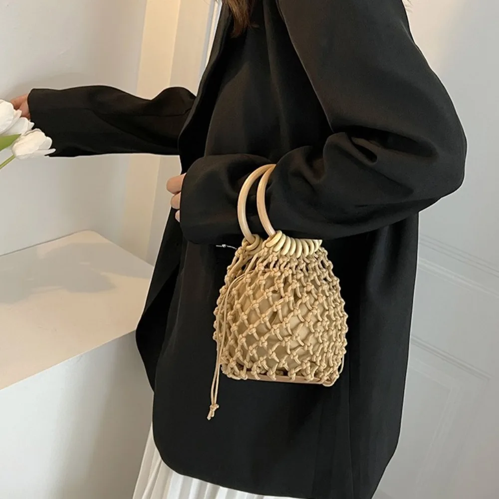 Portable Weaving Straw Woven Handbag Handmade Korean Style Bucket Tote Bag Niche Design Solid Color Woven Beach Bag Beach