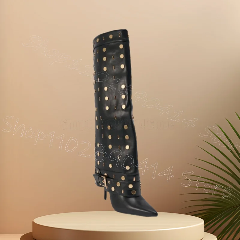 Botas con remaches dorados y hebilla negra, Zapatos sin cordones Para Mujer, tacones finos, punta estrecha, fiesta, 2025