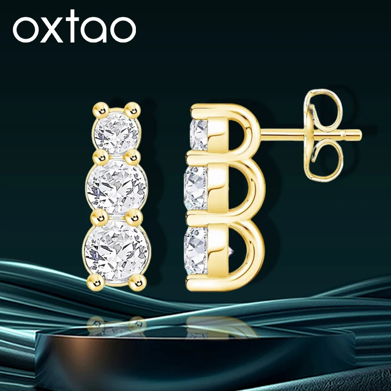 

Серьги-гвоздики OXTAO с муассанитом, цвет D, VVS1, 3 мм, 4 мм и 5 мм, с сертификатом, для женщин, из 14-каратного золота с покрытием, с тремя камнями, ювелирное украшение, подарок