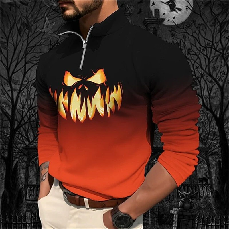 

Half Zip Long Sleeve Men Sweatshirts Halloween Pumpkin Lantern Print Pullover Fashion Stand Collar Loose Tops Fall Trend Clothes