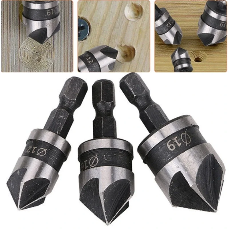 3PCS 12/16/19mm Countersunk Bit Set Hexagonal Handle for Wood Metal Quick Change Chamfer Multi-function Boring Drill Tool