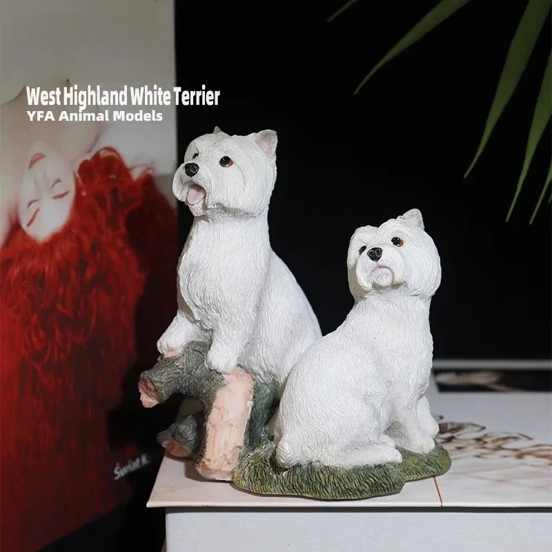 Yfa resina dois west highland terrier estátua adorável cão branco figuras de ação realista carro ornamento mesa modelo animal estimação