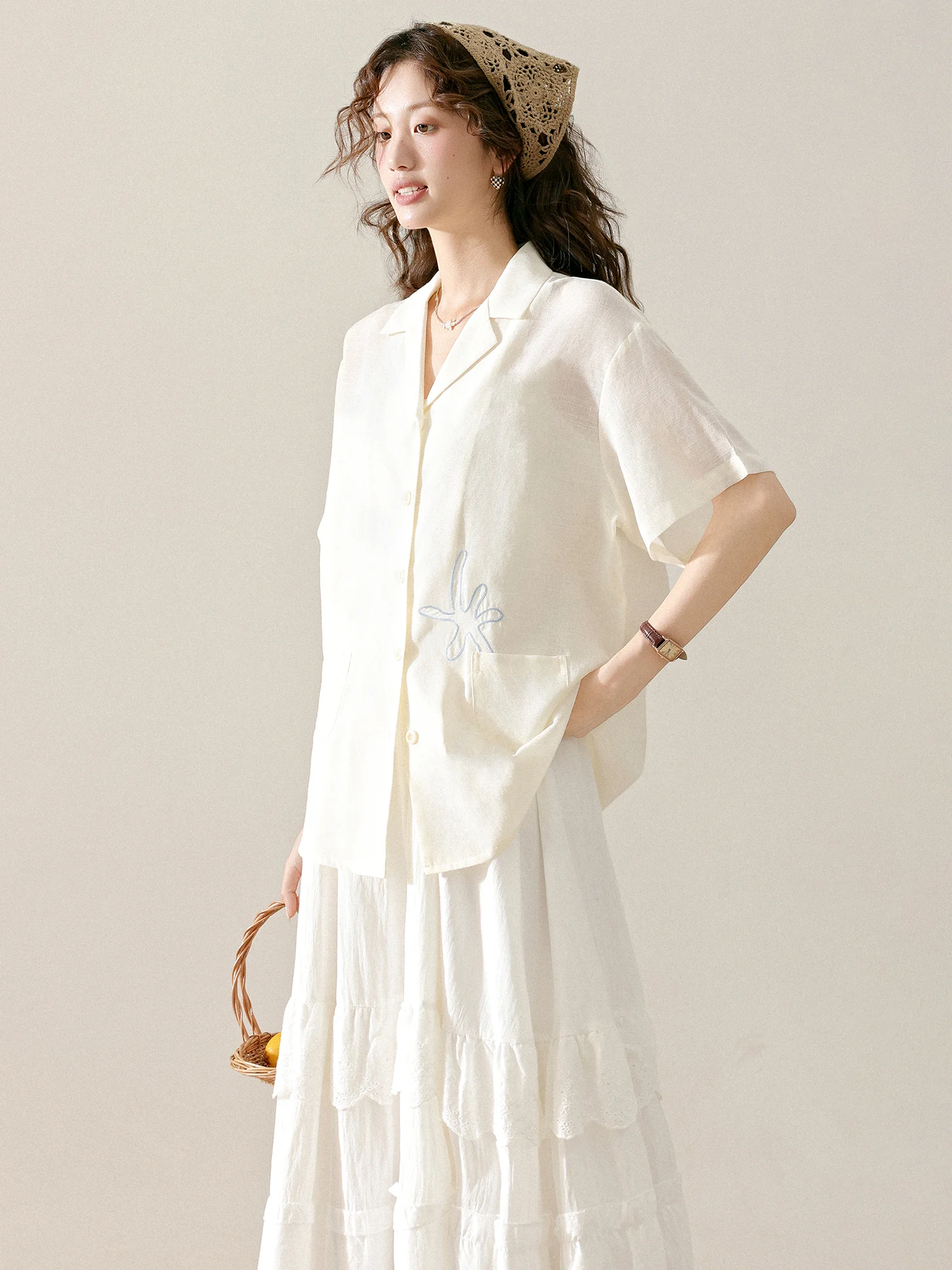 

Textile Feel Patchwork Embroidery Shirt Summer Lazy Style Commute Short Sleeve Women's Loose Fit Breathable Polyester Blend