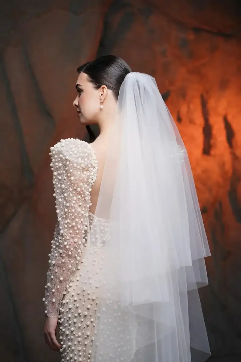 White Ivory Soft Tulle Wedding Veil with Blusher Fingertip Bridal Veil for Bride Soft Tulle Veil Free Wedding Dress Accessories