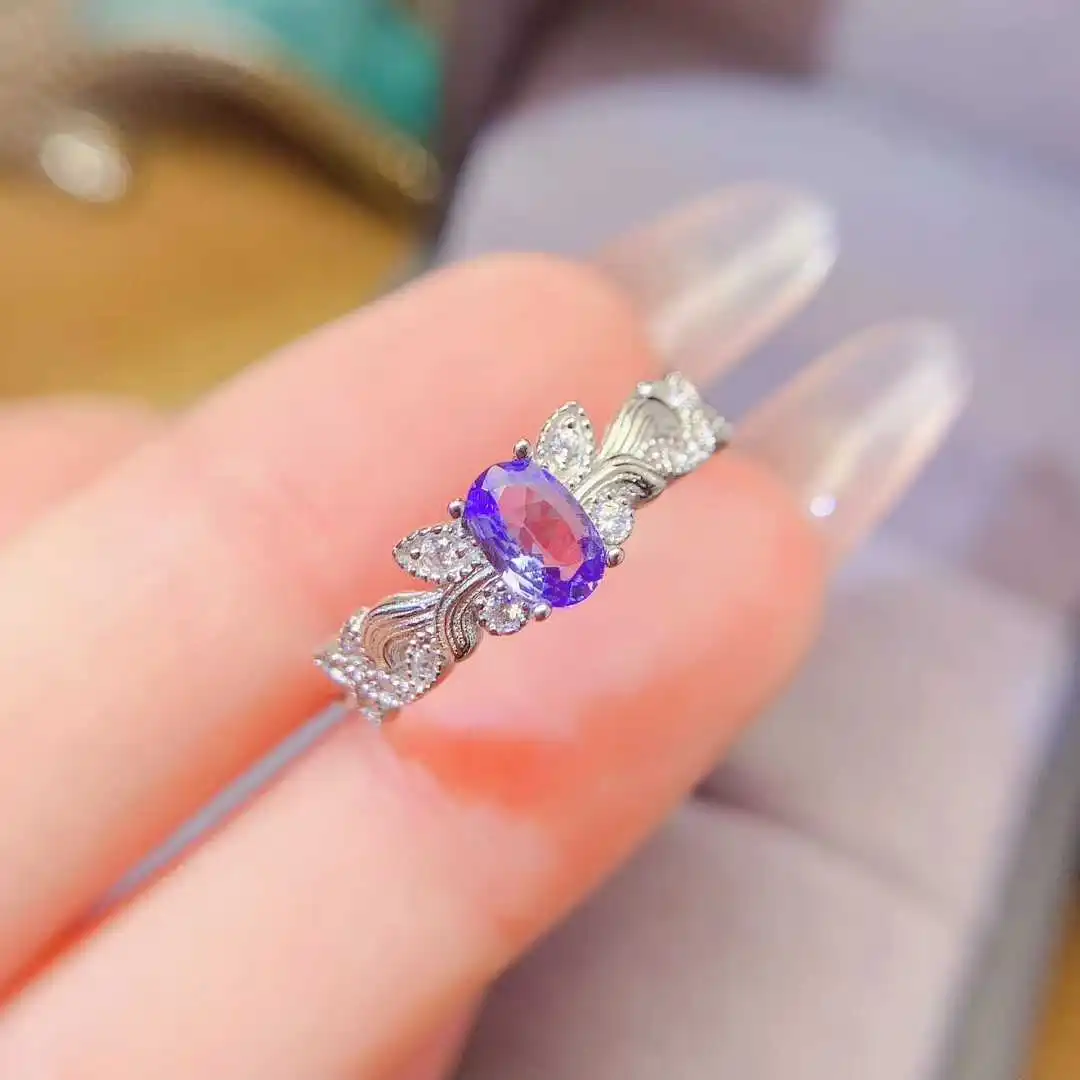 

Authentic 925 Sterling Silver Natural Elegant Gorgous Tanzanite Wedding Ring for Women Christmas Gift with Certificate