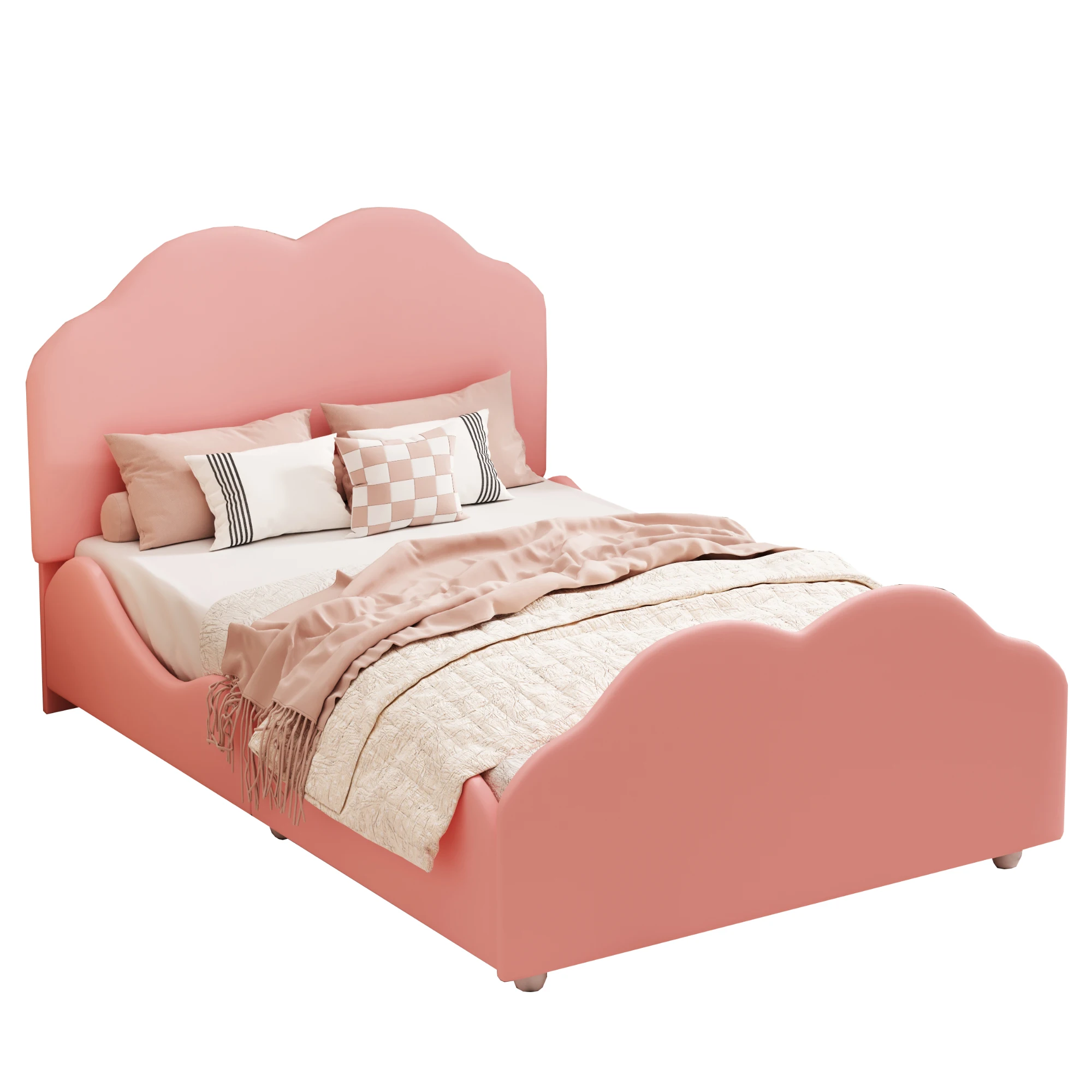 Cadre de lit simple rembourré en forme de nuage avec barrière haute pour enfants, velours doux pour la peau, rose