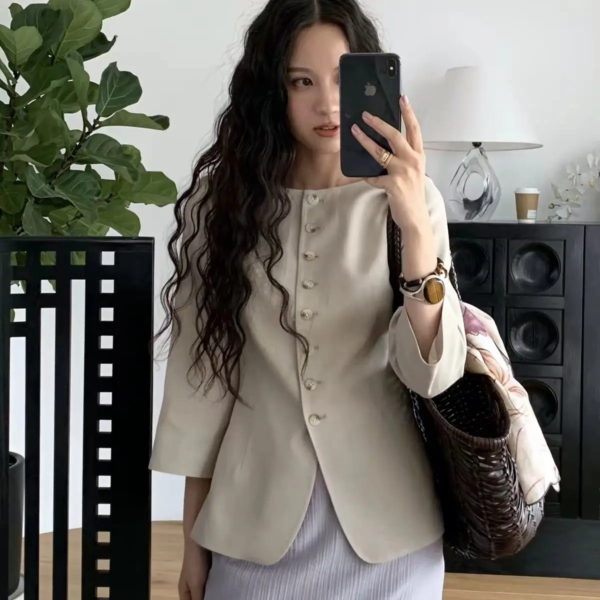 Kimutomo Y2K Off Shoulder Waist Cinching Blazer Women 3/4 Sleeve Elegant Slim Fit Jacket Office Lady