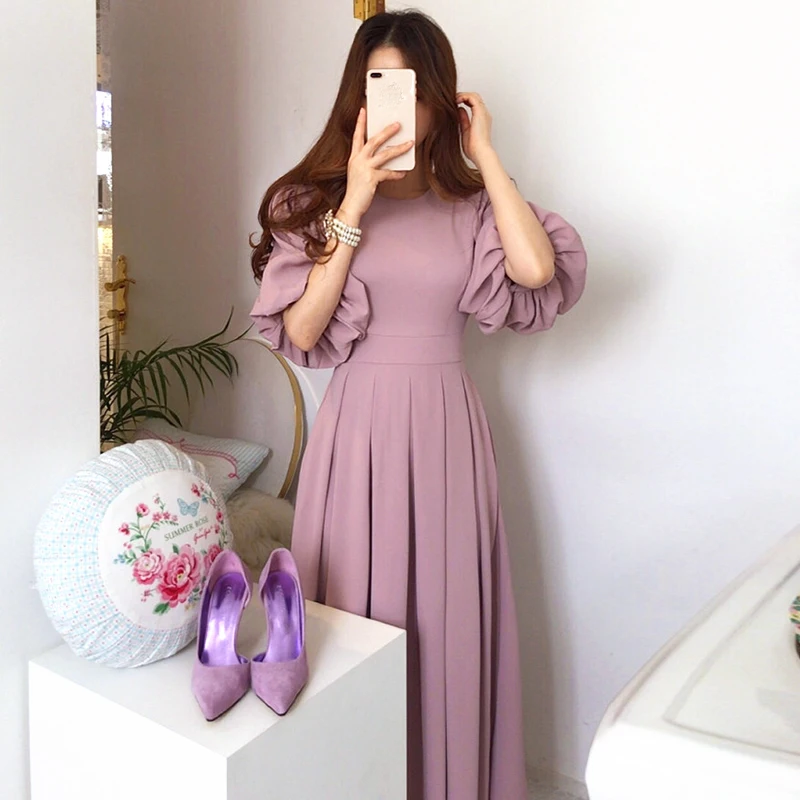 

Korean Solid Casual Chic Elegant Dress for Women High Waist O-Neck Straps Short Lantern Sleeves Pleated Midi Dresses Summer 2023