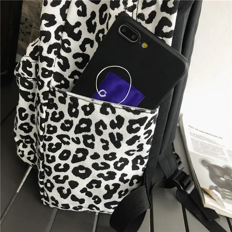 Ins Leopard Print Backpack Women Funny Animal Design School Bags for Teenage Girls White Cow Printed Kawaii Bags Cute-Backpack