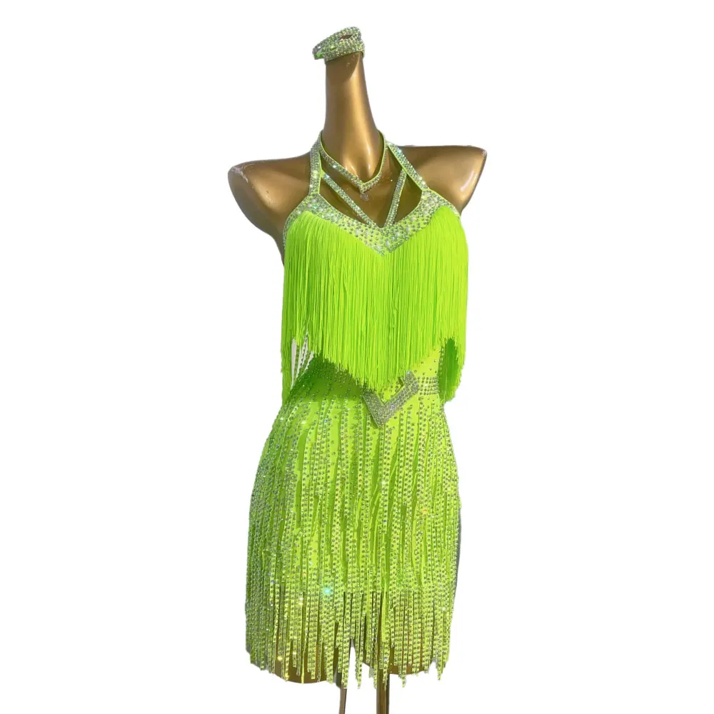 Latin Dance Competition Women's High-end Custom Green Tassel Stitching Diamond Skirt Tango Samba Rhinestone Dress