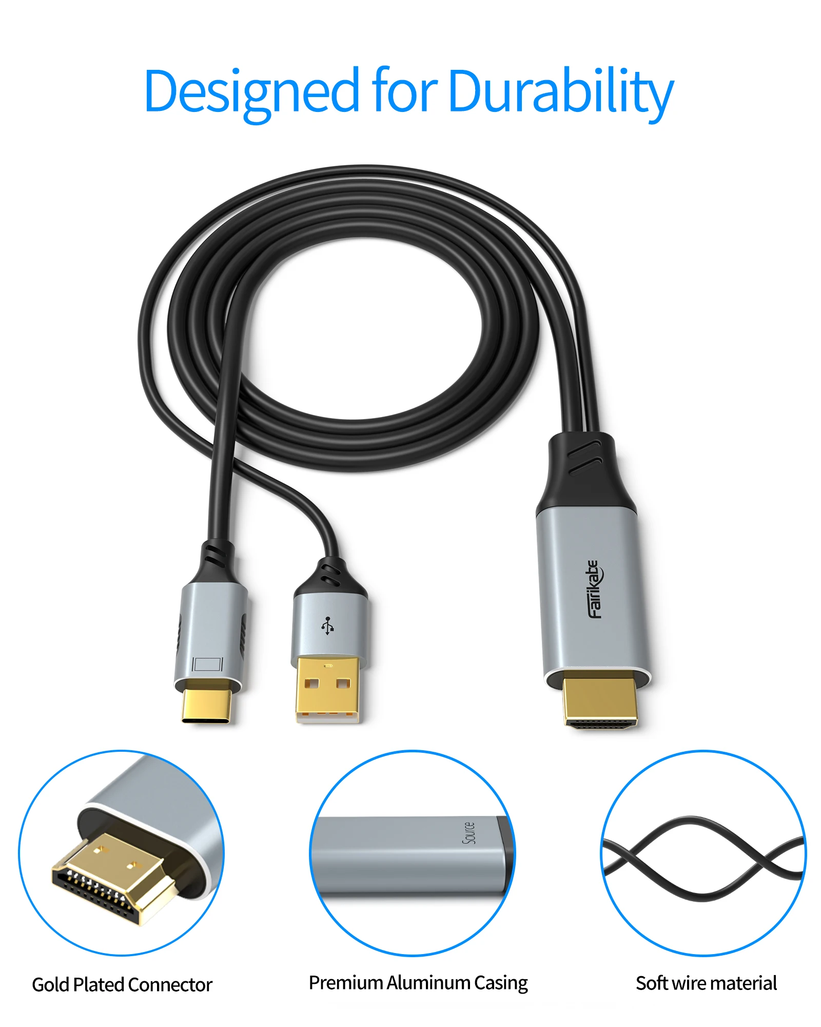 Fairikabe HDMI to USB C Cable 6.6Ft 4K 60Hz HDMI 2.0 To Usb C Adaptor Cable For Monitor PC PS5 Xbox  Steam Deck Dock Xreal Air