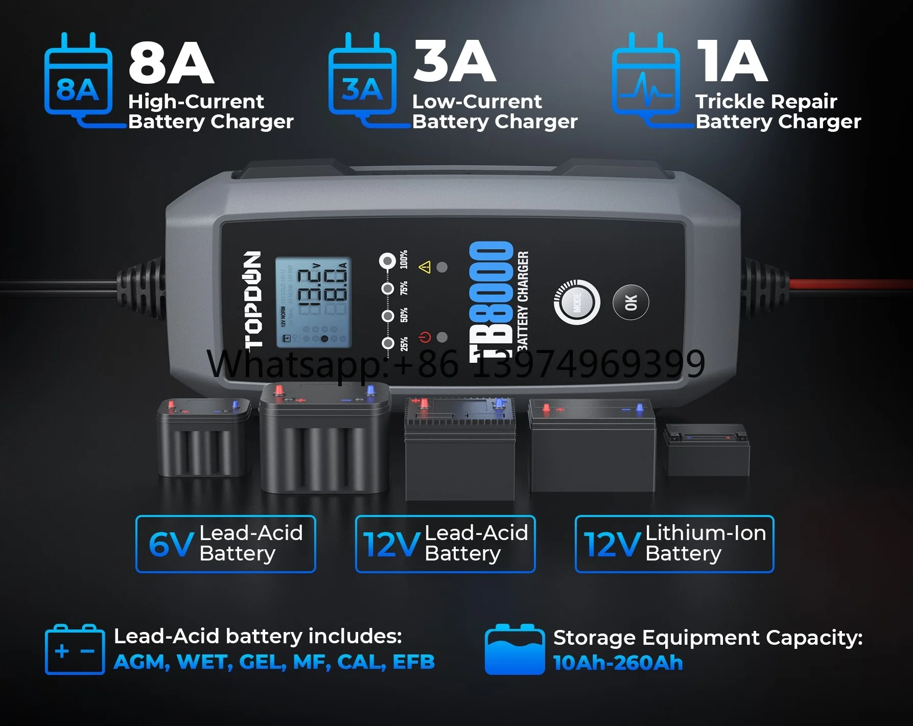 Portable Smart TB8000 12 v Lead Acid Lithium Automotive Auto Automatic Battery Charger 12v 24v for Car