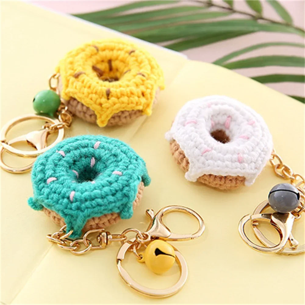 Creative Crochet Hamburger Car Keychains Sweet Knitted Donut Keyrings Handmaking Weaved Cute Keychains for Car Keys Accessories