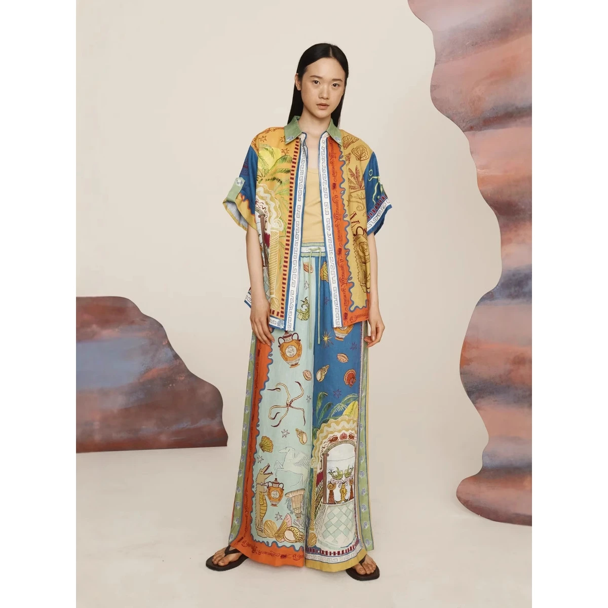 

2025 Spring Season Loose Fit Short Sleeve Holiday Casual Printed Knot Set Women's Fashion Individuality Clothing Set