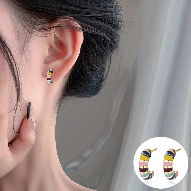 

100% 925 Sterling Silver Geometric Earrings for Women Girl Fashion Rainbow Drop Glaze Design Jewelry Birthday Gift Dropshipping