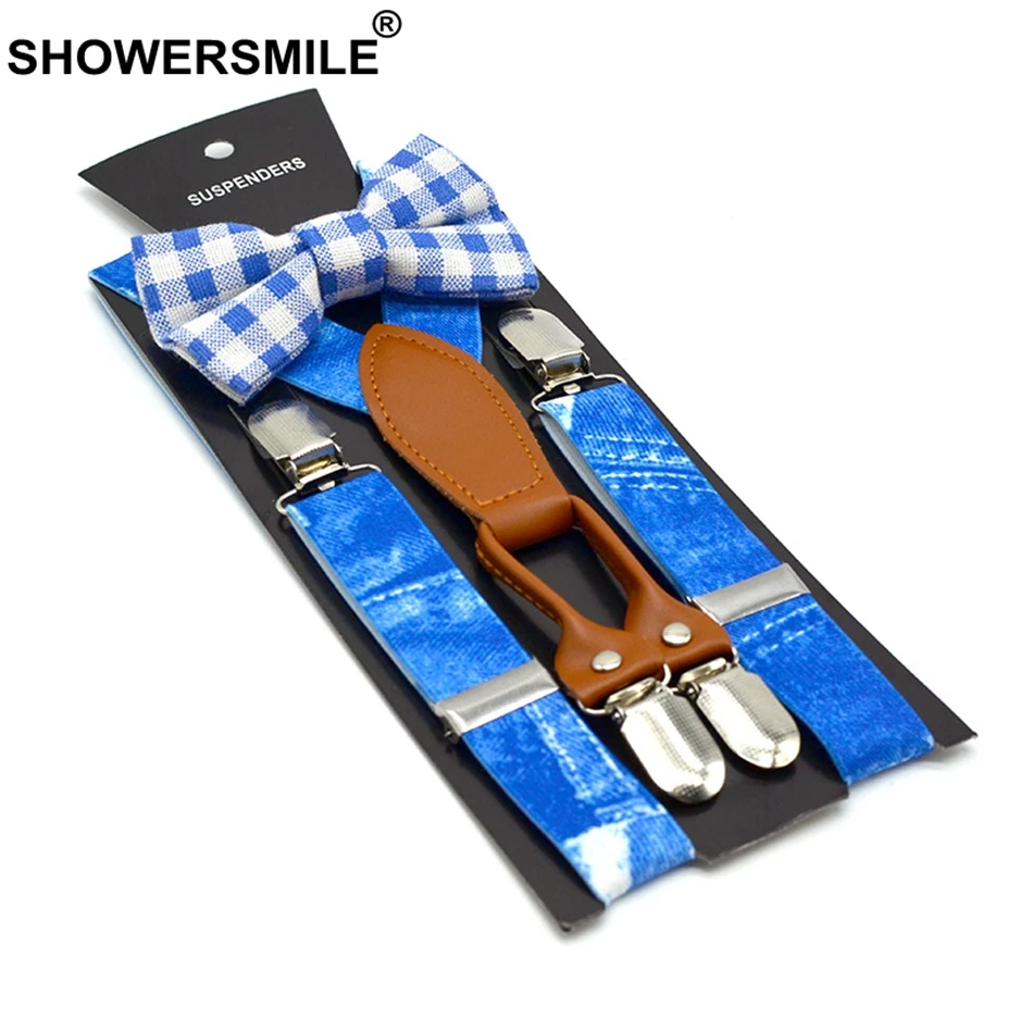 Showersmile meninos suspensórios impressão denim azul suspensórios e gravata borboleta conjunto crianças couro 4 clipes elástico ajustável criança calças cinta