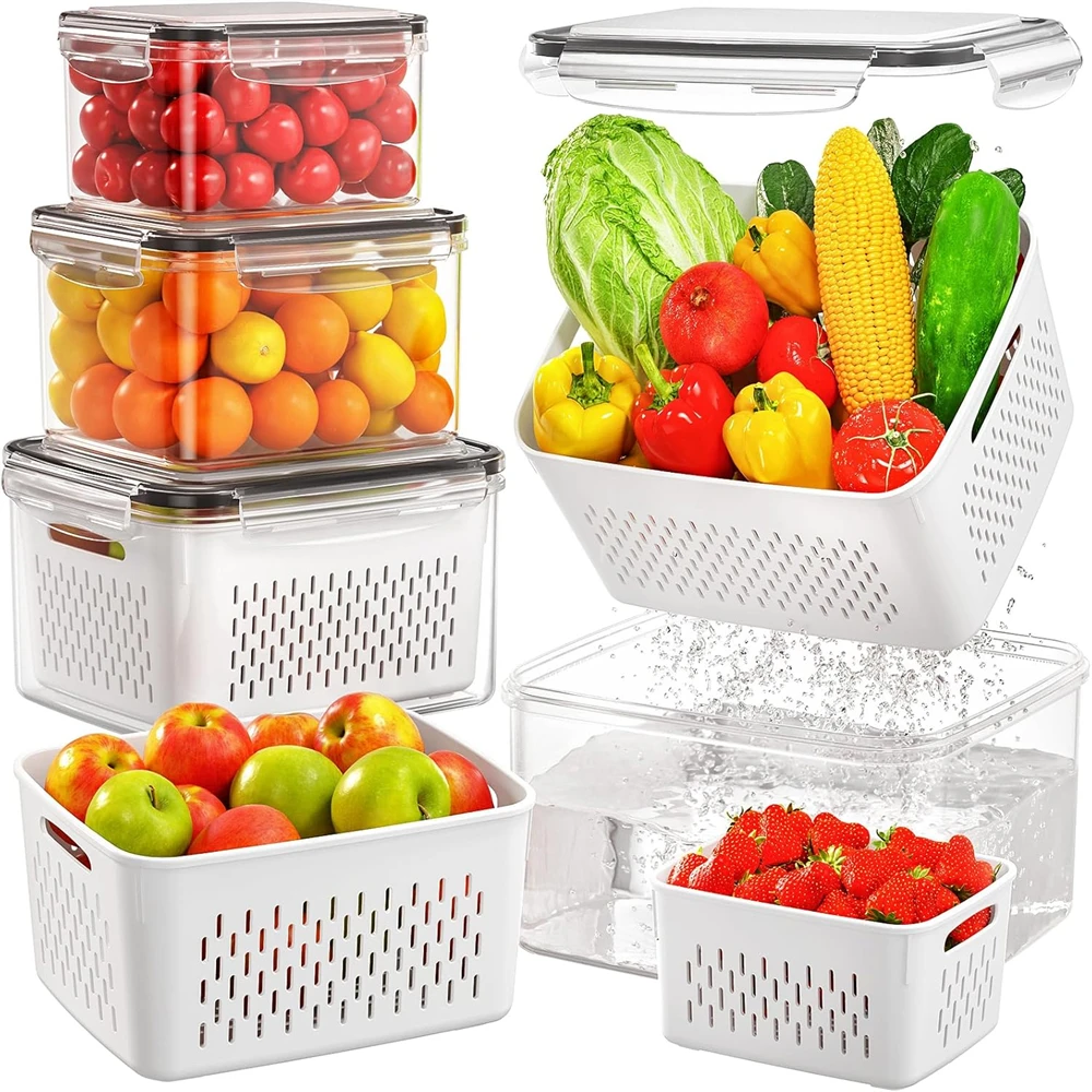 4 Pack Fruit Storage Containers for Fridge with Removable Colanders, Airtight Produce Vegetable Berry Containers for Fridge, All