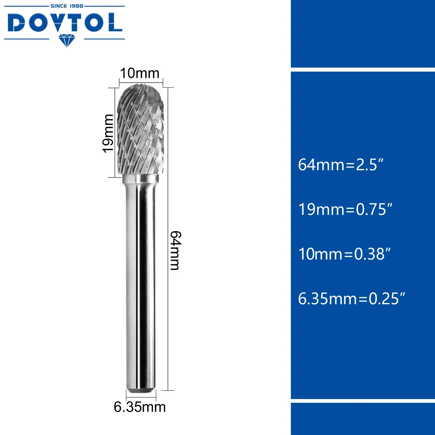 Carbide Burr Rotary File SC-3 Cylindrical Ball Nose End Shape Double Cut for Die Grinder Drill Bits Deburring 1/4'' inch