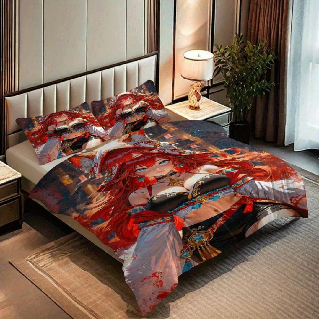 طقم غطاء لحاف مطبوع عليه رسوم متحركة Firefox Girl مكون من 2/3 قطعة، مجموعة غطاء لحاف تحتوي على غطاء لحاف وغطاء وسادة - مثالي لغرفة النوم،