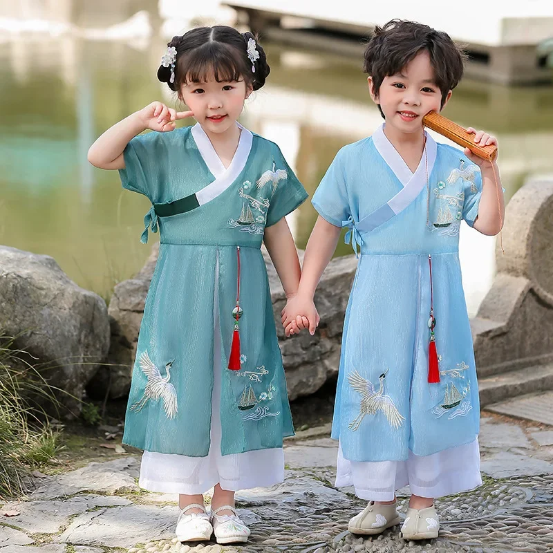 

Новый летний детский комплект ханьфу, костюм парусного спорта с короткими рукавами для мальчиков и девочек, традиционная китайская одежда