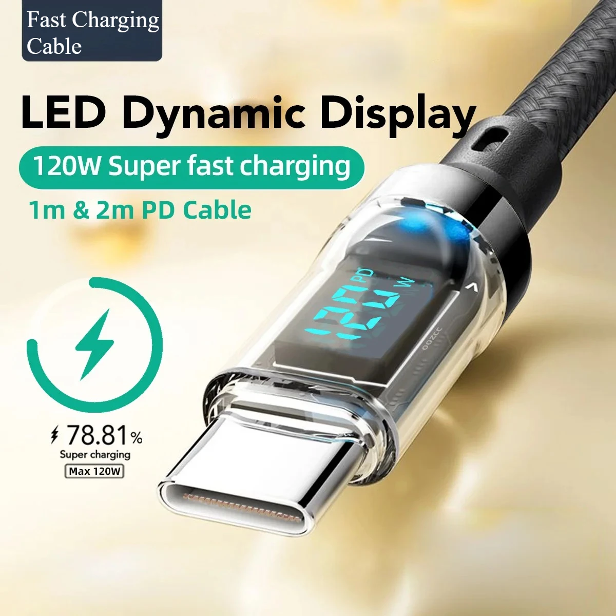 LCD Watt Display Cable, Max 120W Super Fast Charging USB Type C Cable Data Transfer, USB A to Lightning for IPhone14 Pro
