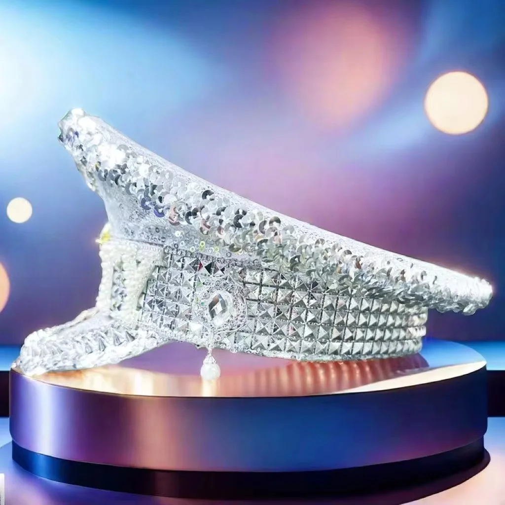 ホンルアン イエローレーザーレザーループキャプテンハット ラインストーン＆ミリタリーキャップ 女性用、レイブフェスティバルアクセサリー＆パーティーキャップ男性用