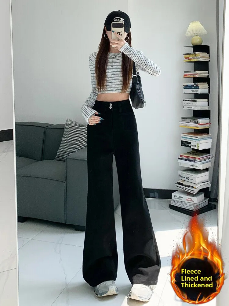 High Waist Flared Jeans Women's Loose Fitting Fleece Lined Floor Length Bell Bottoms Casual Style Cotton Polyester Blend