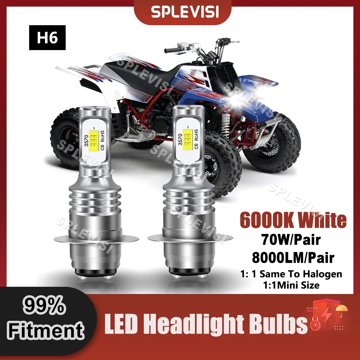 Replace 2x H6 Fitment LED Headlight Bulbs 70W 8000LM/Pair Fit For Yamaha  Banshee 350 Yamaha Bear Tracker 250 Yamaha Grizzly 125