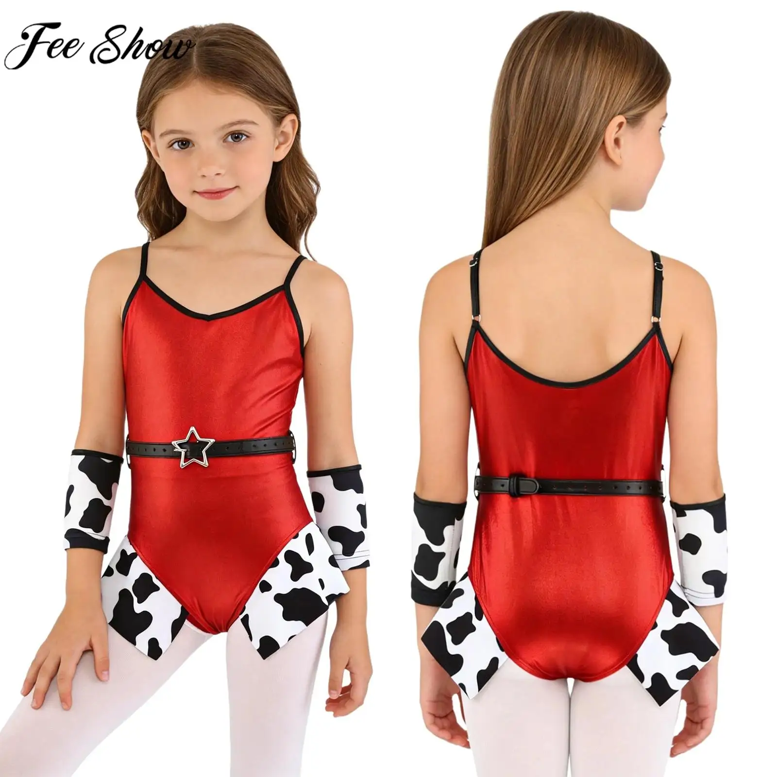 

Карнавальный костюм на Хэллоуин для девочек в стиле вестерн, блестящий боди с коровьим принтом металлик и рукавами, пояс, одежда для джазовых танцев