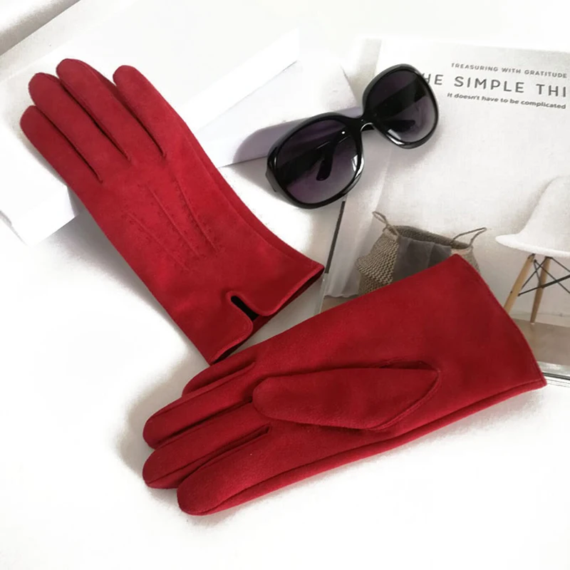 Gants en cuir suédé pour femmes, mode Simple automne hiver Plus velours garder au chaud gants de conduite pour femmes rouge noir DZ10