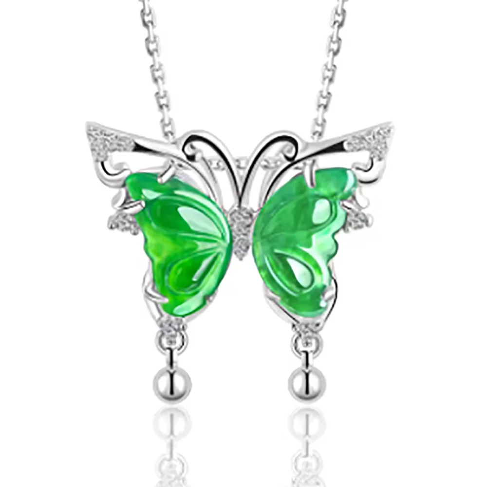 

925 Silver Natural Green Jadeite Butterfly Dangle Lucky Pendant Necklace Ring Woman's Set Certificate Charm Luxury Jade Jewelry